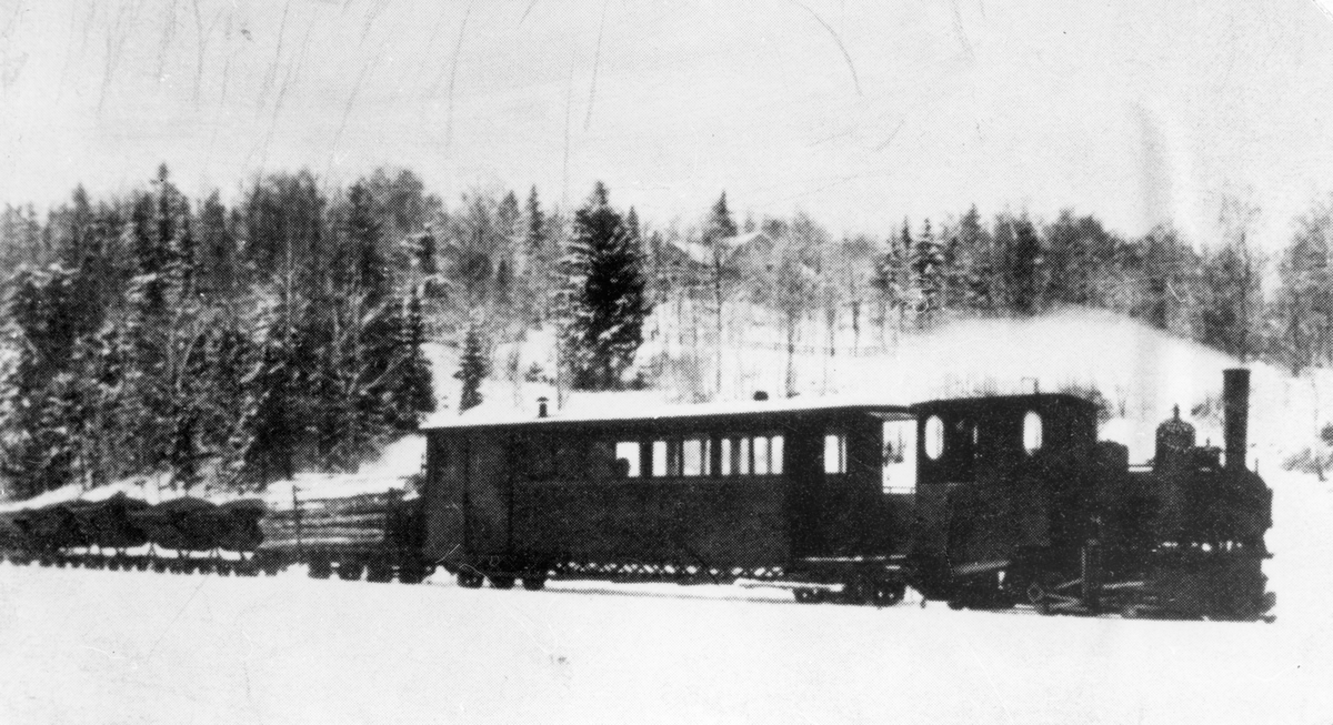 Spexerydståget på den 10 km kånga banan från Spexeryd till Tenhult. Banan byggdes åren 1901-1905, togs i bruk 1906 och upphörde 1931 då banan, lok och vagnar såldes. Tåget bestod av ett visst antal tippvagnar lastade med manganmalm, en eller två vagnar med timmer samt en passagerarvagn med godsfinka.