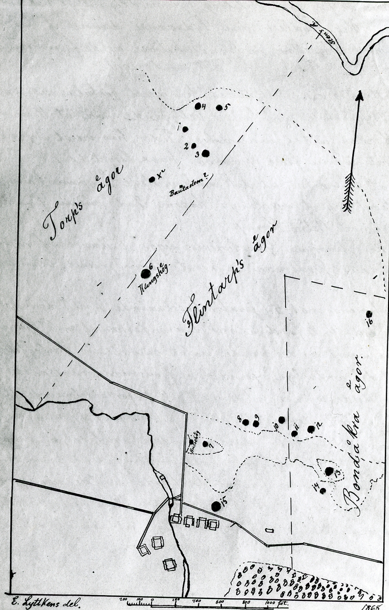 Hasslöv. Hasslövs sn. Dömestorp- Karta över bronsåldershögar undersökta av V Boje 1868-69.