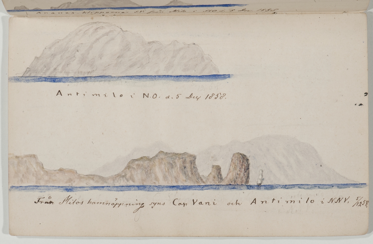 Antimilo i N.O. d 5 Dec 1853.
Från Milos hamnöppning syns Cap Vani och Antimilo NNV 5/12 53.