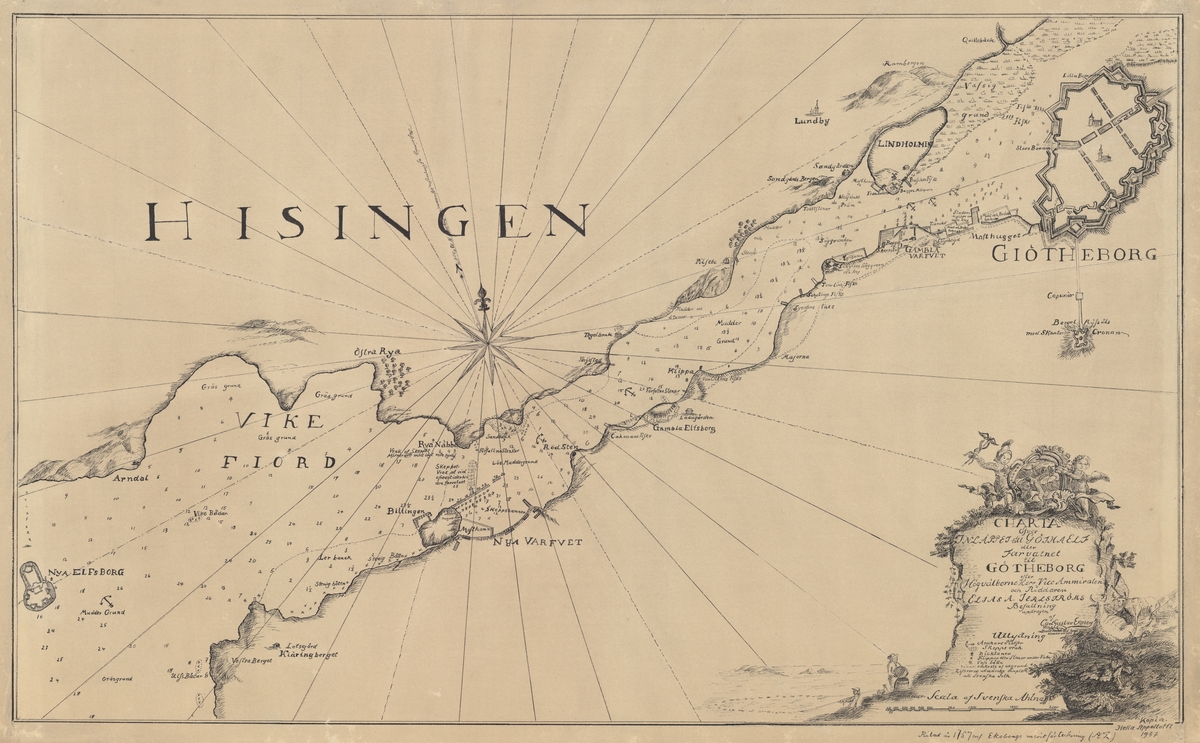 Karta över inloppet till Göteborg 1757.
Kartan visar inloppet från Nya Elfsborg till Göteborg. Bland annat Nya varvet, gamla Älvsborg och gamla varvet.