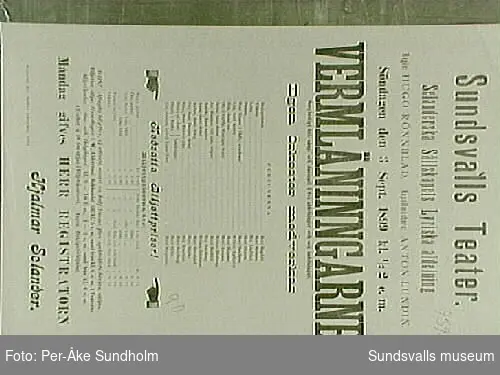 Teateraffisch ur Sundsvalls Teaterförenings arkiv, Folkrörelsearkivet, "Wermländingarne", Tourné: Anna Lundberg, Sundsvalls Teater, Söndagen den 3 April 1898, kl. half 8 - omkr. 10,30 e.m.