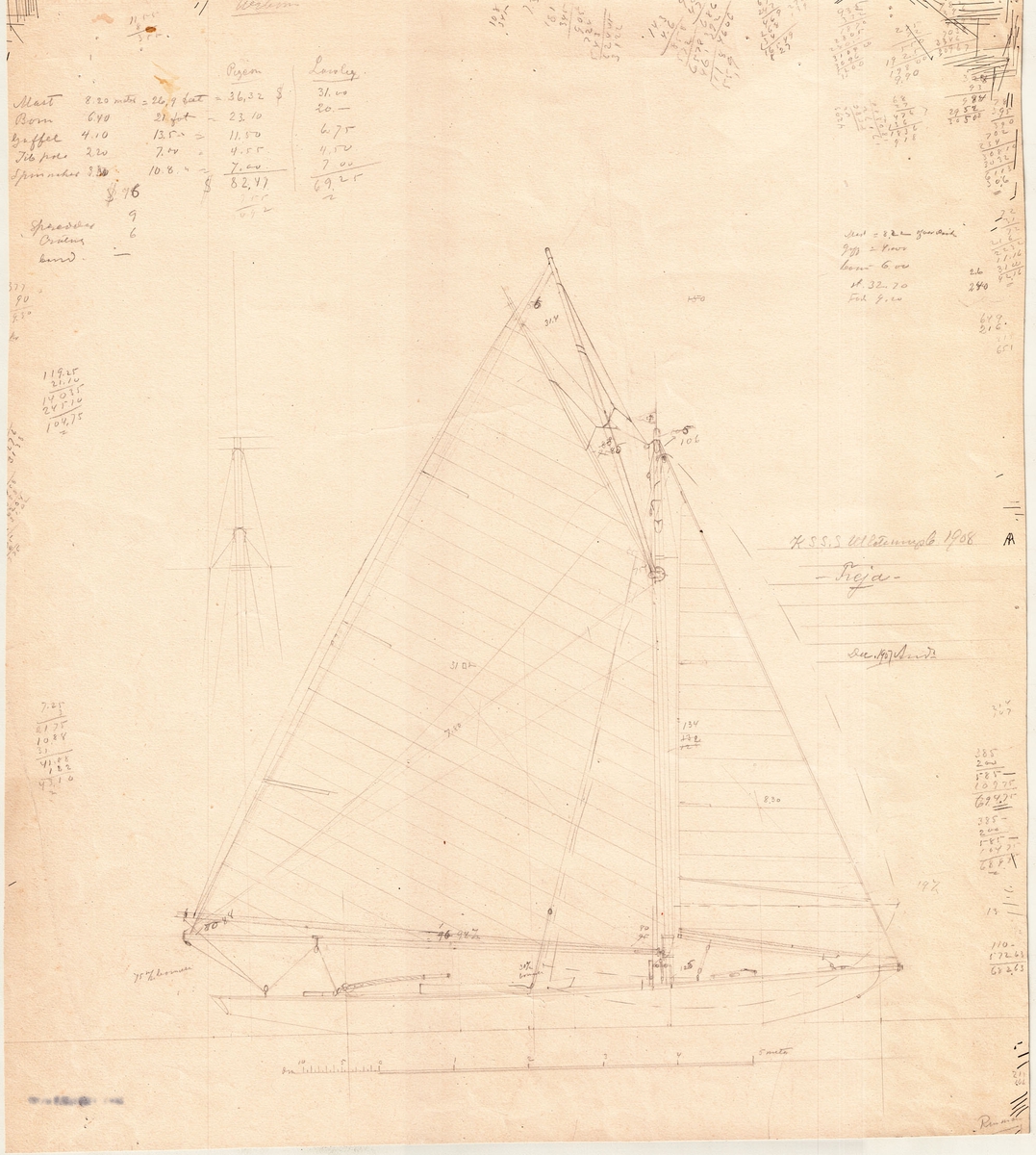 utkast segelritning (på baksidan utkast 9 m motorbåt för M.Wibom)