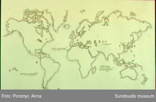 Karta med spridningen över pappersmakarekonsten ur utställningen "Att tillverka papper av lump - om handpappersbruken i Norrland". Forskning: Ulrika Hådén, teckningar: Kjell-Åke Hermansson.