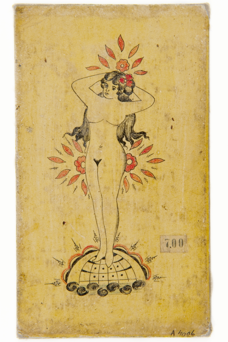 Tatueringsförlaga. Naken kvinna med röd blomma i håret, stående på jordglob.