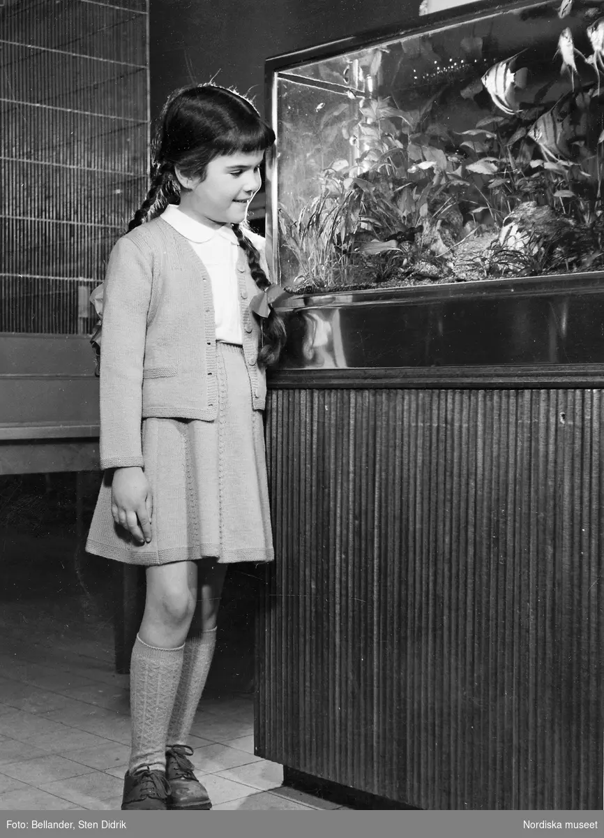 Ett barn i stickad kofta och kjol, knästrumpor och snörkor, står och tittar på ett akvarie.