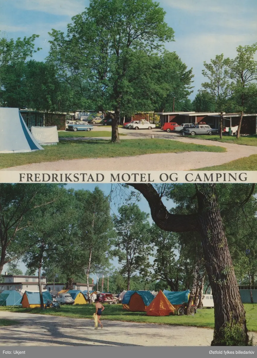 Fredrikstad Motel og Camping med telt og hytter, Kongsten i Fredrikstad ca. 1960-70. Postkort.