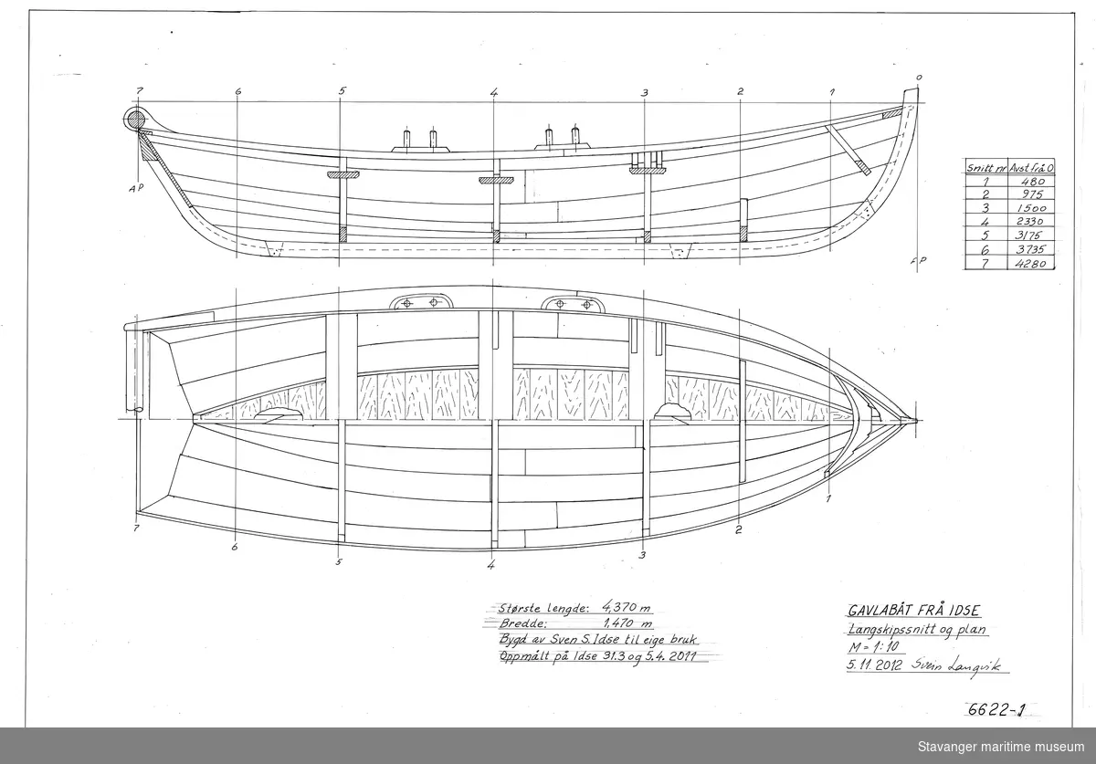 Oppmålingstegning av bruksbåt på folie, tegnet med penn. Langskipssnitt og plan. Mål 1:10