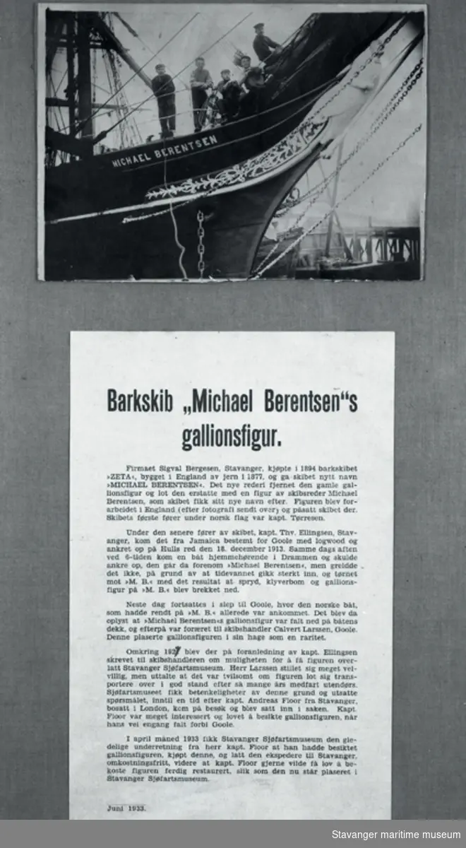 Reprofoto av en trykt tekst om "Barkskib Michael Berentsen gallionsfigur " juni 1933.