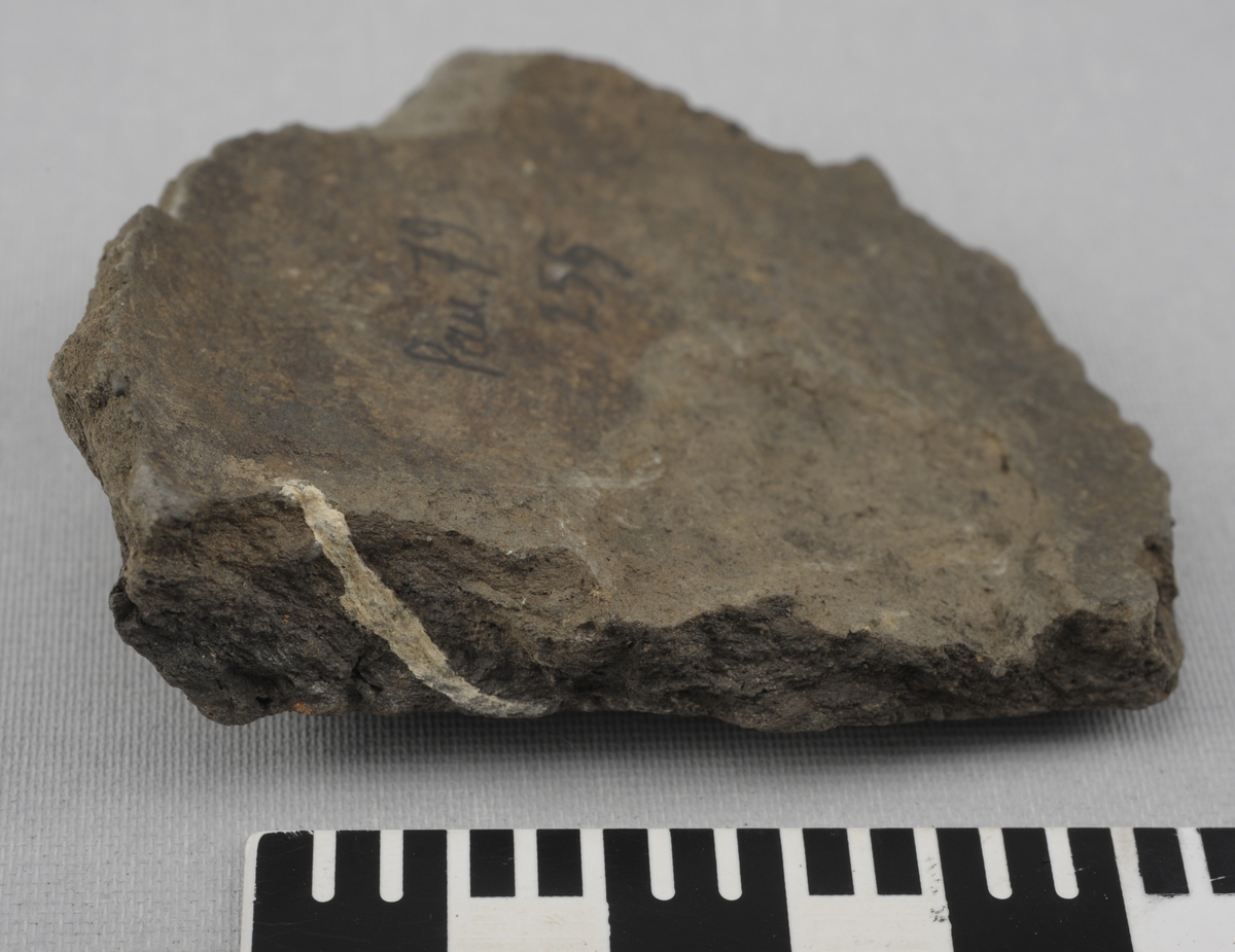 Skår av grå keramikk. Tynnere i den ene ende.