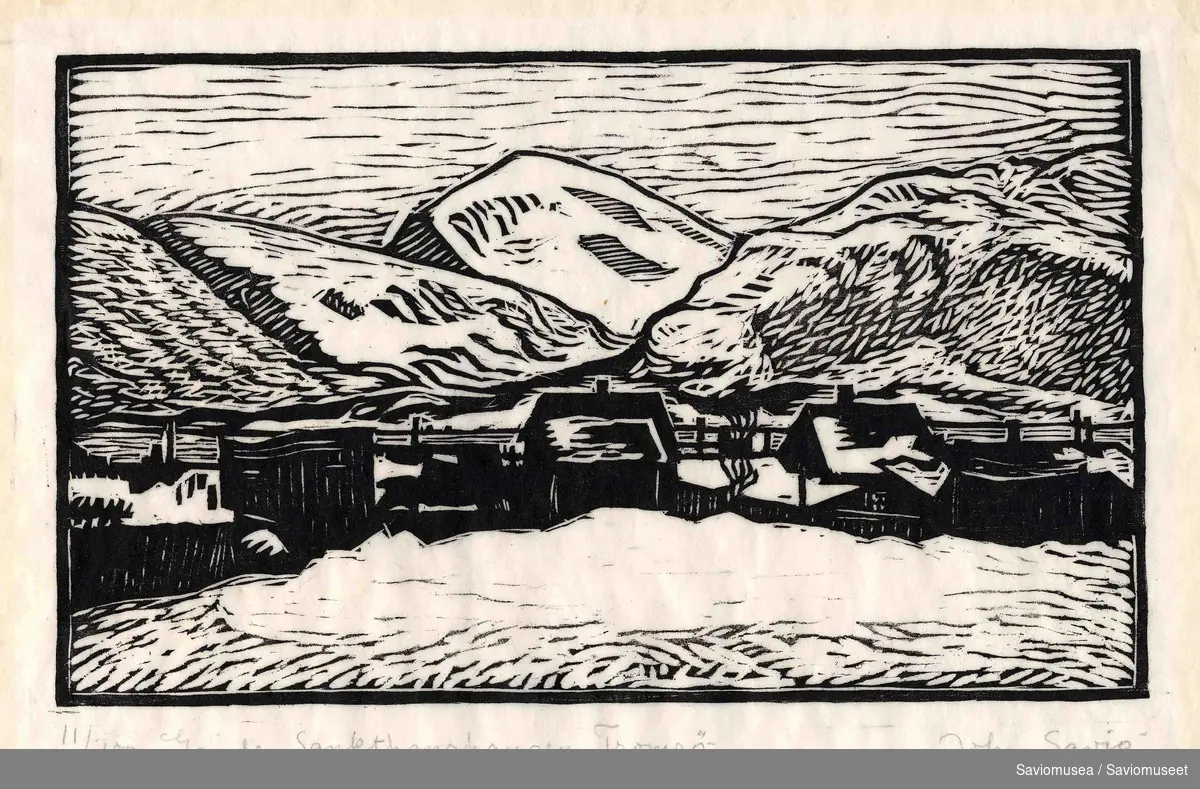 Sankthanshaugen i Tromsø om vinteren. Snødekte fjell og trehusbebyggelse.