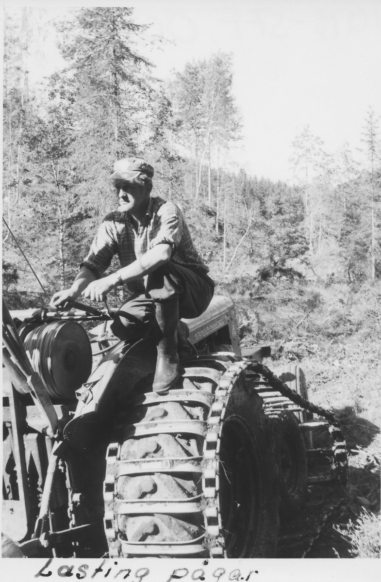 Tømmer lastes på traktor i skogsterreng,1965