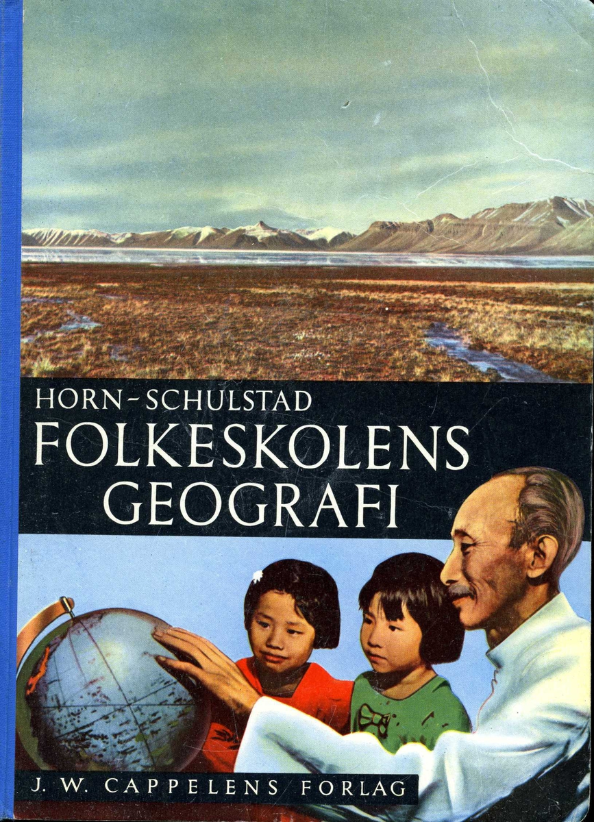 Perm, forside: Landskap og mann med to barn som ser på en globus. 