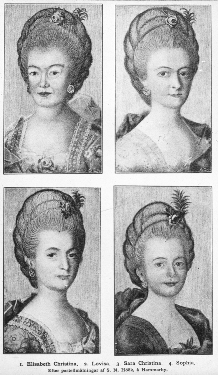 'Porträtt av 4 kvinnor, Carl von Linnés döttrar, ''Elisabeth Christina (1743-82), Lovisa (1749-1839), Sara Christina (1751-1835) och Sophia (1757-1830). Efter pastellmålningar av S. N. Höök, på Hammarby.'' ::  :: Ingår i serie med fotonr. 5324:1-45 med repro från böcker eller publikationer. Dessa tillhör bilder som Leonard Axel Jägerskiöld använt i sina föreläsningar.'