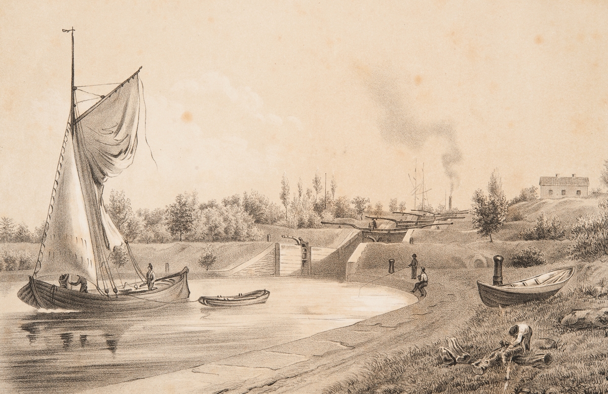 Litografi föreställande Borenshults slussar, Göta kanal.

I förgrunden syns en enmastad segelbåt, män på land som fiskar. Längst upp i slussen skymtar ett tvåmastat segelfartyg samt skorstenen av ett ångfartyg.