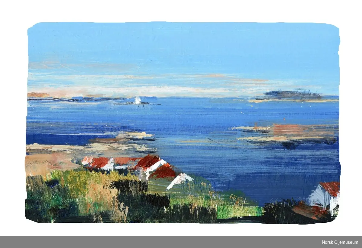 Kunst på Valhallfeltet.  Maleri av Loshavn med Katland i bakgrunnen i klare sommerfarger.