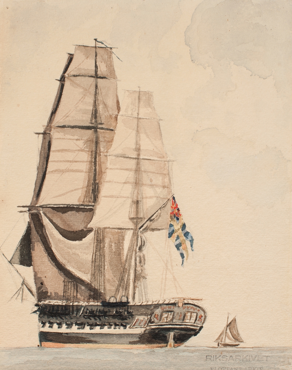 Fregatten Eugenie samt mindre segelbåt.