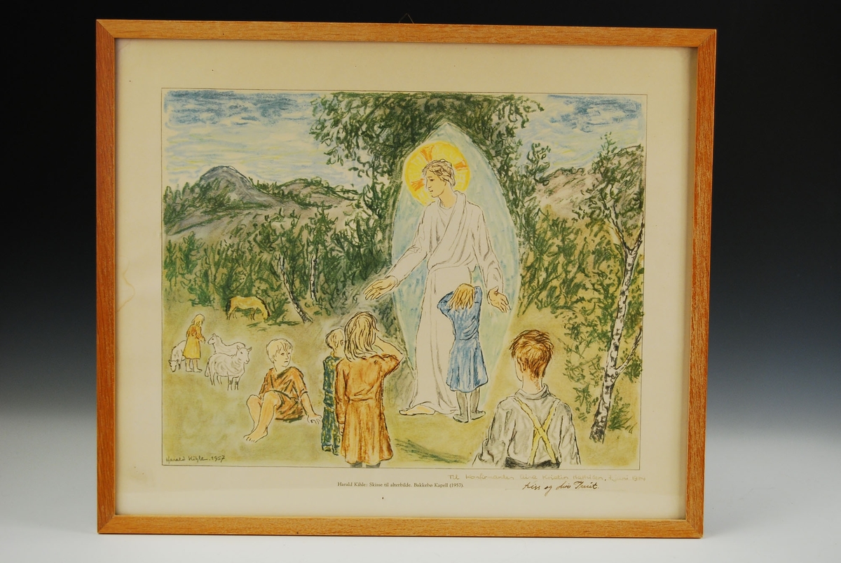 Reproduksjon av alterbildet i Bakkebø Kirke. Bildet er av Jesus med seks barn.