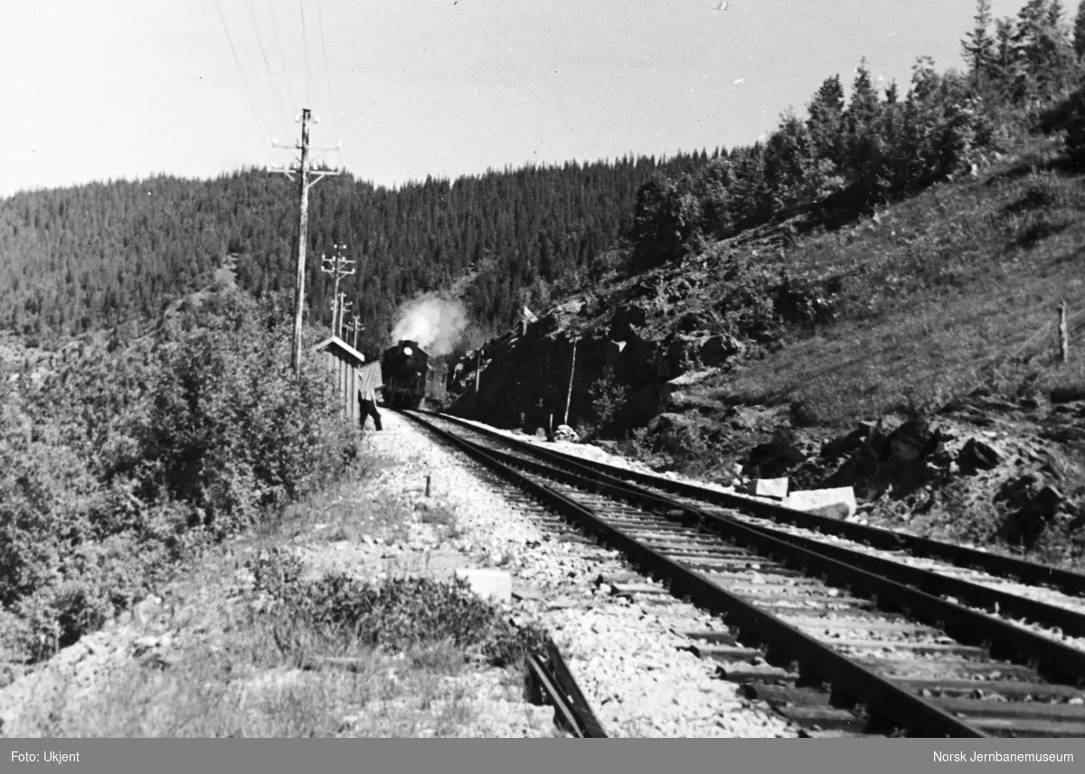 Jernbaneanlegget Mosjøen-Mo i Rana : Elsfjord stasjon, nordre sporveksel med ankommende tog, pel 4210