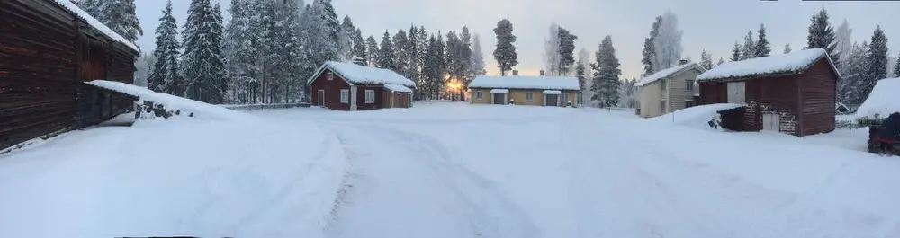 Elverumstunet, søndre del. Fra venstre: Sørperudlåven, Elisabethstua, Lømostua, Nysted, Skjefstadlåven og Østerhaugfjøset. Ikke synlig på bildet: utedo fra Nordby (bak låven t.v.), stabbur fra Skjefstad og Houmsloftet (bak Elisabethstua).