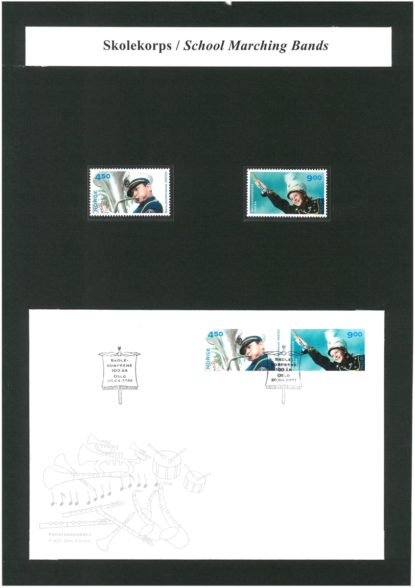 Førstedagsbrev med frimerkene for skolekorpsene 100 år. To løse frimerker og en konvolutt med to frimerker.