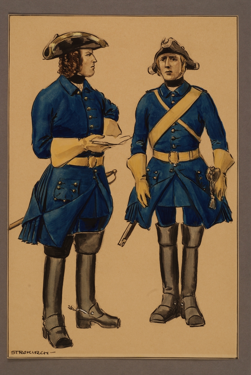 Plansch med uniform för officer och underofficer vid Västgöta kavalleriregemente tidigt 1700-tal, ritad av Einar von Strokirch.
