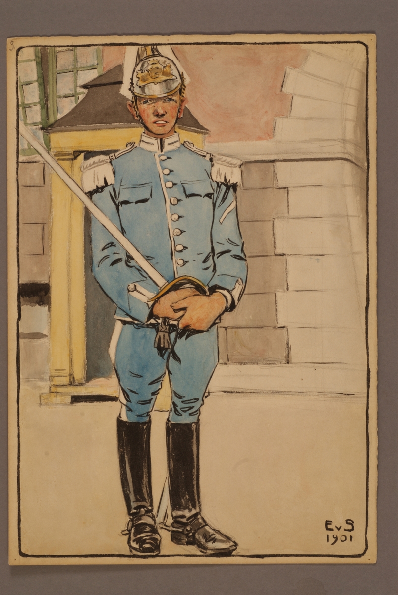 Plansch med uniform för Livgardet till häst, ritad av Einar von Strokirch.