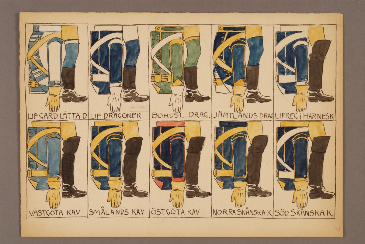 Plansch med schema över Kavalleriets uniformer, ritad av Einar von Strokirch.
