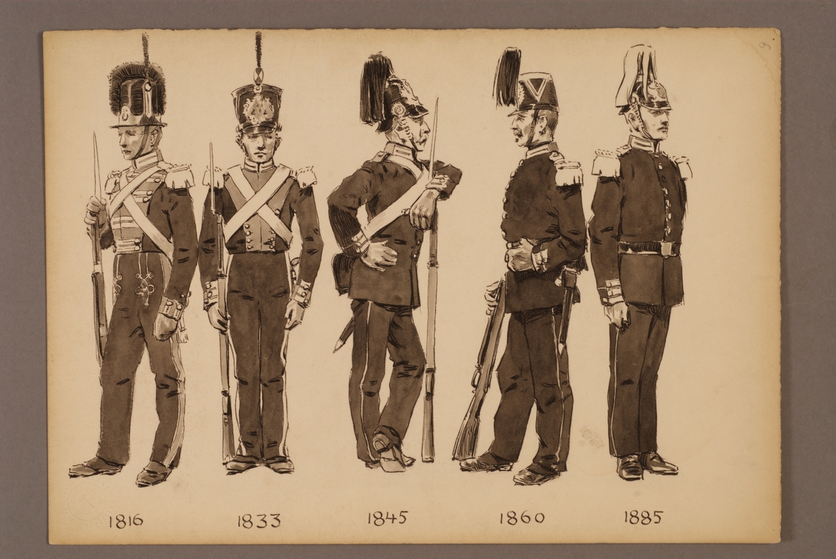 Plansch med uniform för Göta livgarde för åren 1816-1885, ritad av Einar von Strokirch.