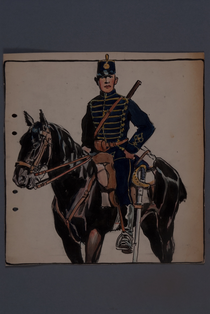 Plansch med uniform för Kronprinsens husarregemente, ritad av Einar von Strokrich.