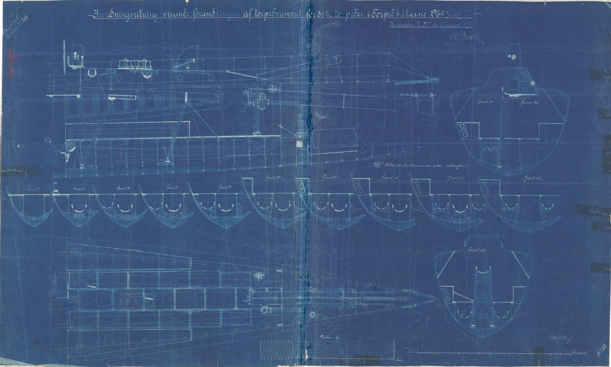 Inredningsritning visande förändringen av torpedrummet för 38 cm torpeder