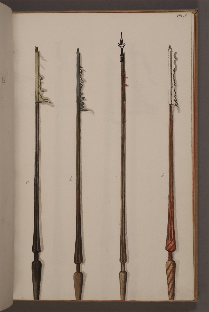 Avbildning i gouache föreställande standarstänger tagna som troféer av svenska armén. De avbildade stängerna finns inte bevarade i Armémuseums samling.