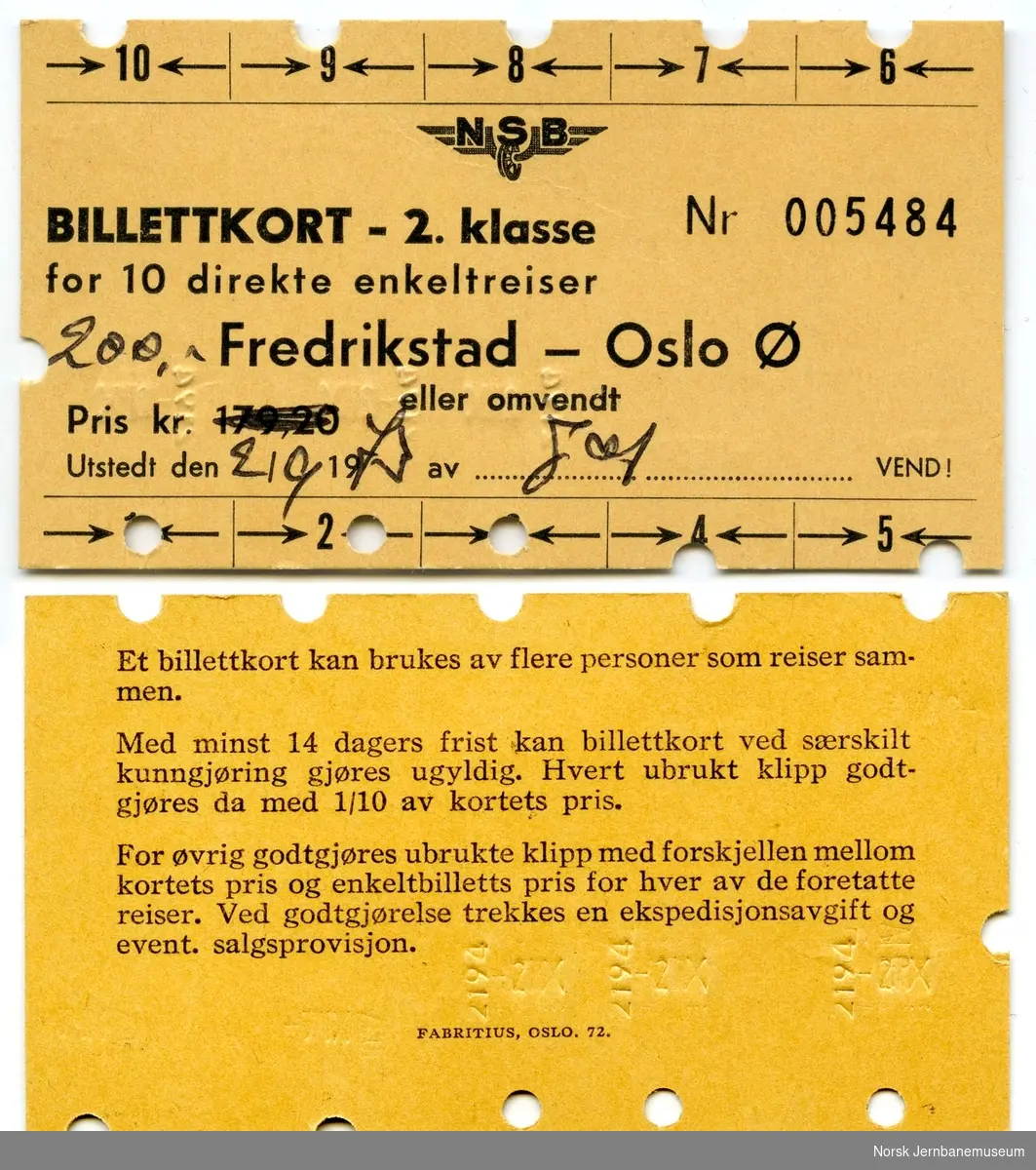 Billettkort Fredrikstad-Oslo Ø, 2. klasse