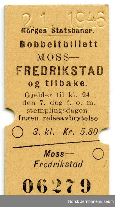 Dobbeltbillett Moss-Fredrikstad og tilbake, 3. kl.