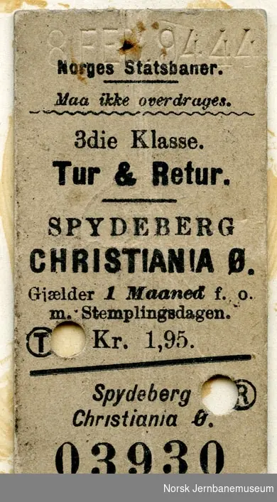Tur/returbillett Spydeberg-Christiania Ø, 3die Klasse