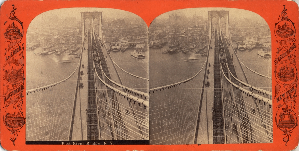 Stereobild av East River Bridge, N.Y. (Brooklyn Bridge). Hängbron över East River.
