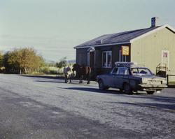 To hester og en Volvo utenfor Samvirkelag.