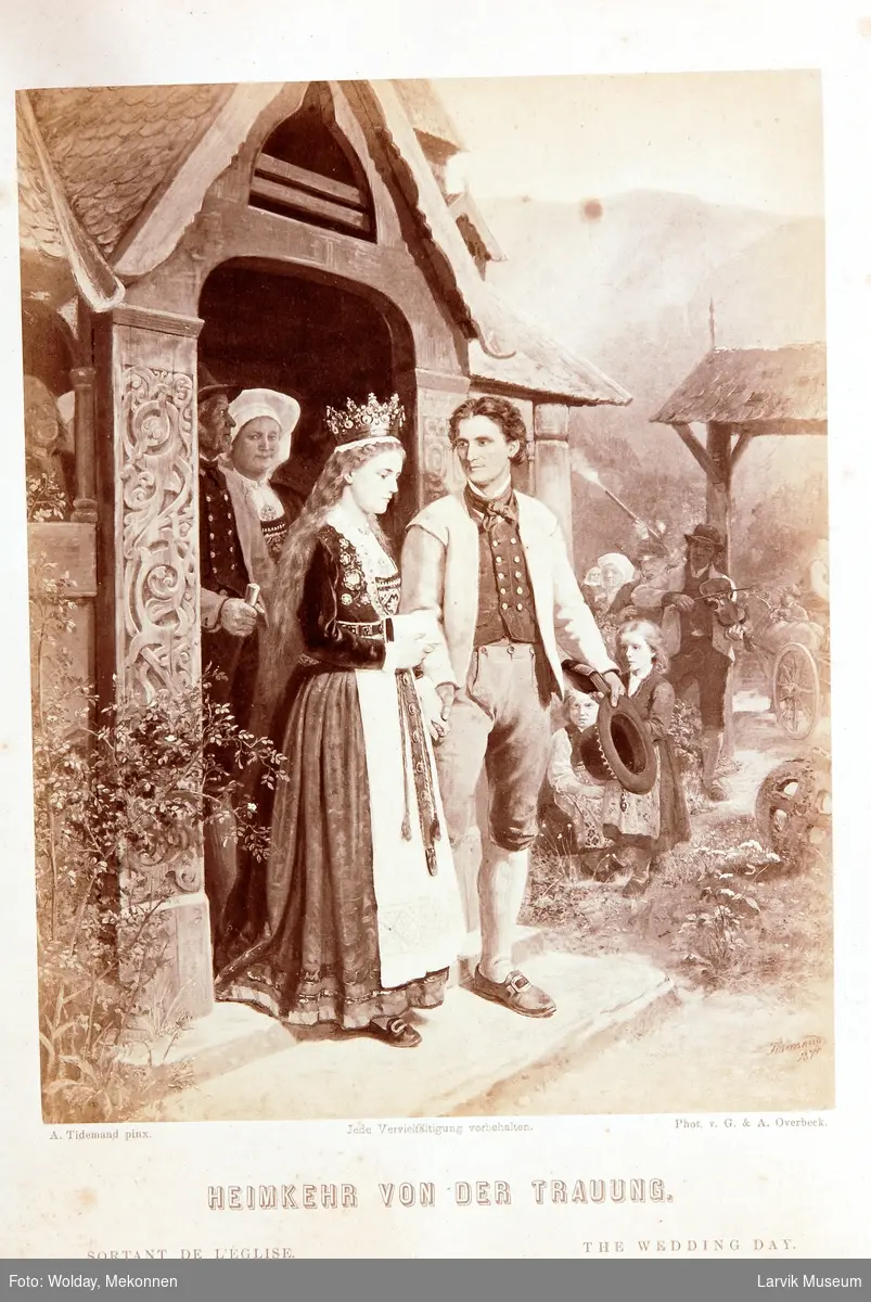 nygift par på vei ut av kirken, bondebryllup spillemann m/ fele fotografisk trykk av maleri av A.Tidemand 1870


