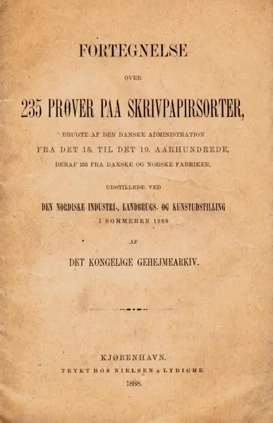 Småtrykk "Fortegnelse over 235 prøver paa skrivpapirsorter" fra 1888