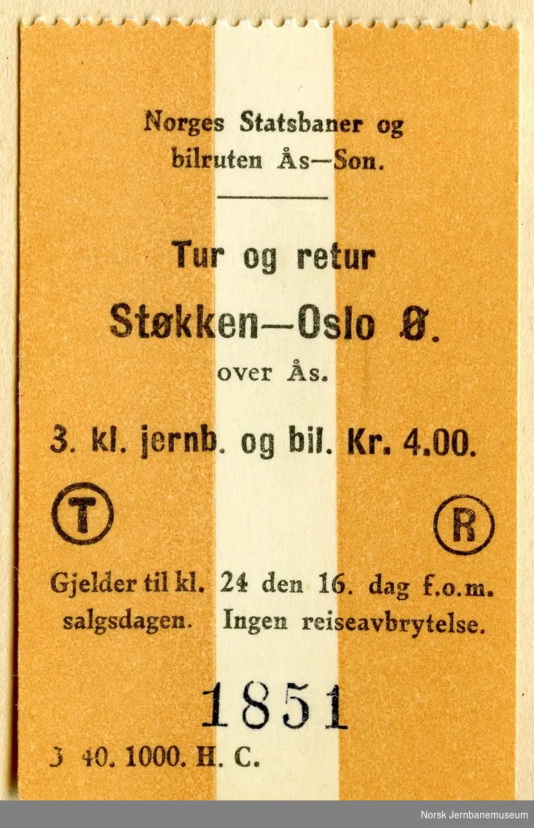 Billett Norges Statsbaner og Bilturen Ås-Son, tur/retur Støkken-Oslo Ø over Ås