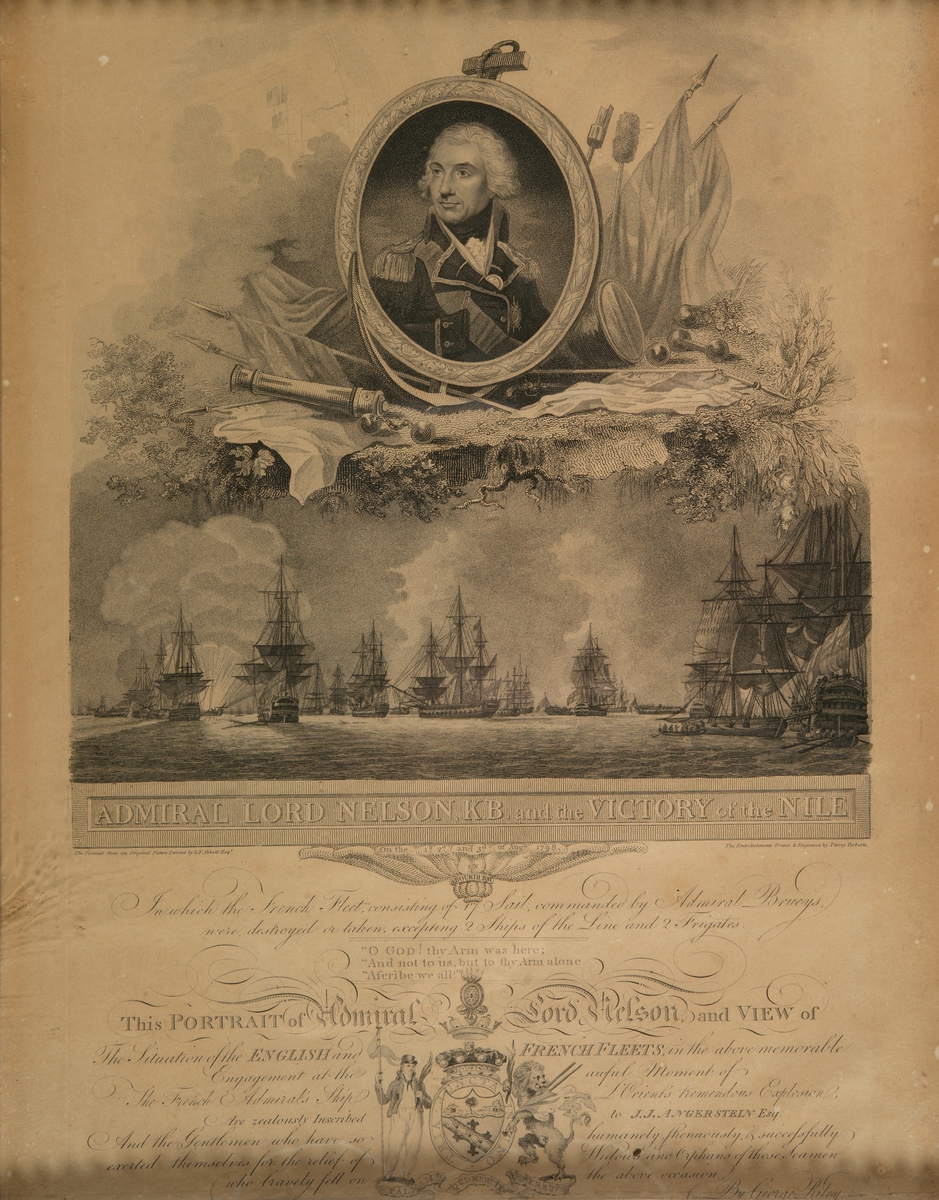 Kopparstick i samtida förgylld ram med glas föreställande "Admiral Lord Nelson KB and the Victory of the Nile" 1798. Gravyr av Piercy Roberts. Porträttet efter Abbotts målning.