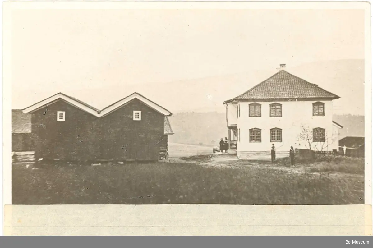 Foto av gml. hovudbygning og dobbelt-stabbur på Borgja i Bø.  Tatt før 1880.