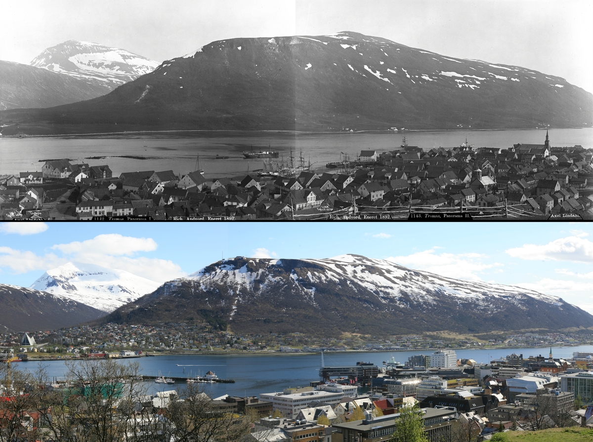 Refotografering. Utsikt over Tromsø mot Tromøya. Fotografert 1885 og 2007. Småhusbebyggelse er avløst av blokkbebyggelse og kontorbygg. Tromøya er blitt bebygget langs med sundet. Utsikten er nå delvis skjult av trær.