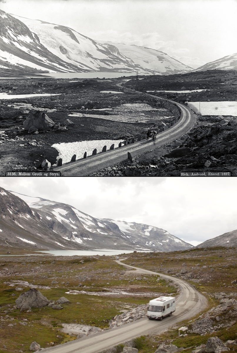 Refotografering. Veistrekning mellom Grotli og Stryn med hest og kjerre i 1896. Samme strekning i 2014 med bobiler. Fotografert 1896 og 2014.