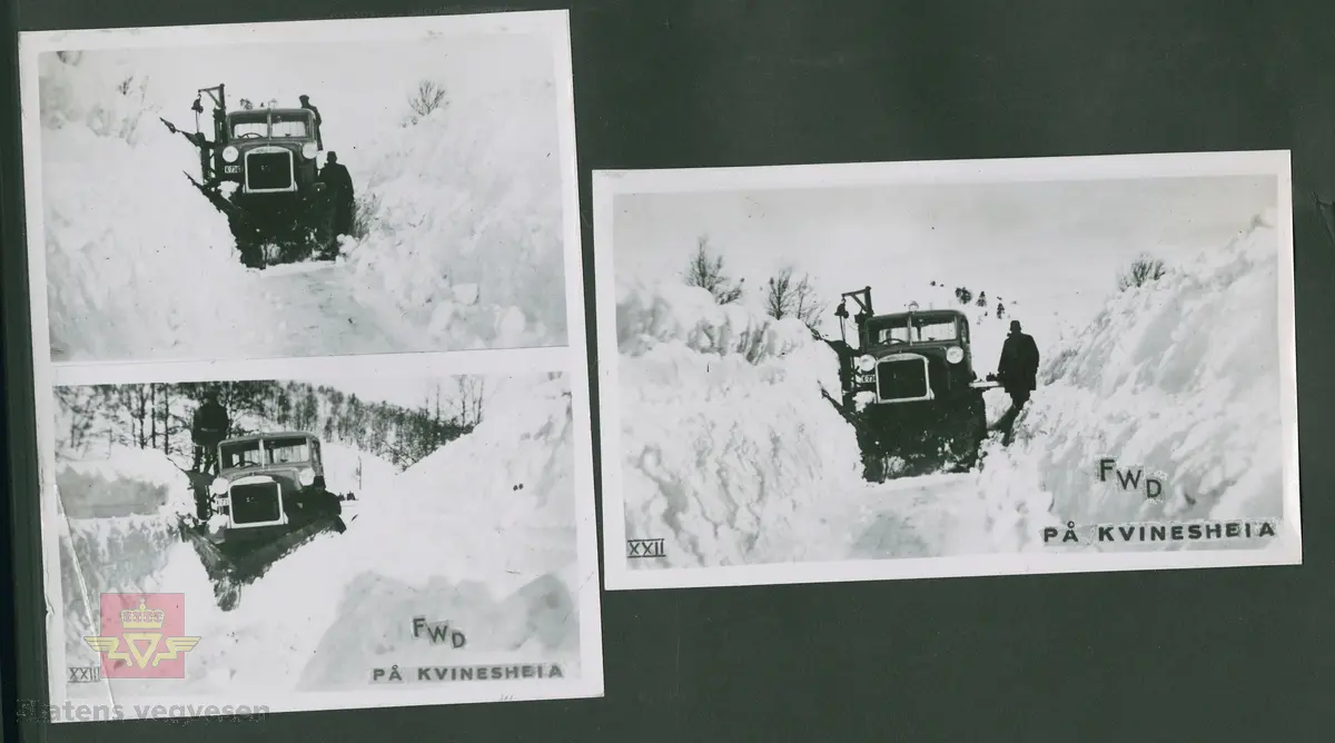 FWD lastebil kjennetegn K-7367. Sannsynligvis vinteren 1937.  Mye snø og høye brøytekanter på Kvinesheia.  Ref. til "Vegvesenets redskaper og maskiner 1941," av overingeniør Johs. Eggen. Se vedlegg i Nedlastinger. 

25.08.2016: "K-7367 må være registrert ikke lenge etter at redaksjonen for Norges Bilbok 1935 ble avsluttet, sannsynligvis våren det året, siden høyeste nr. i K-7000 serien der er 7319."