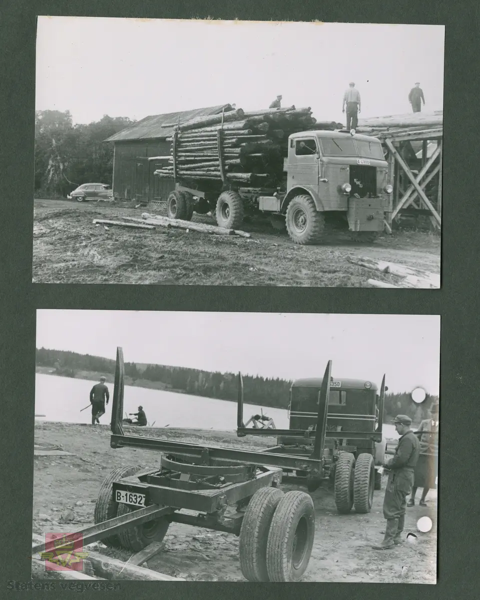 FWD lastebil med kjennemerke B-16327. Bildet viser enkel løpeaksling for tømmertransport (med tvillinghjul).