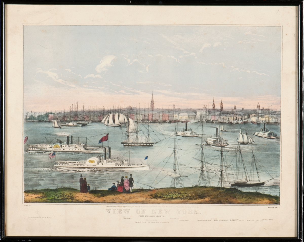 Vy över New York stad och hamn år 1849, sedd från Brooklynsidan. Fartyg på Hudsonfloden.
