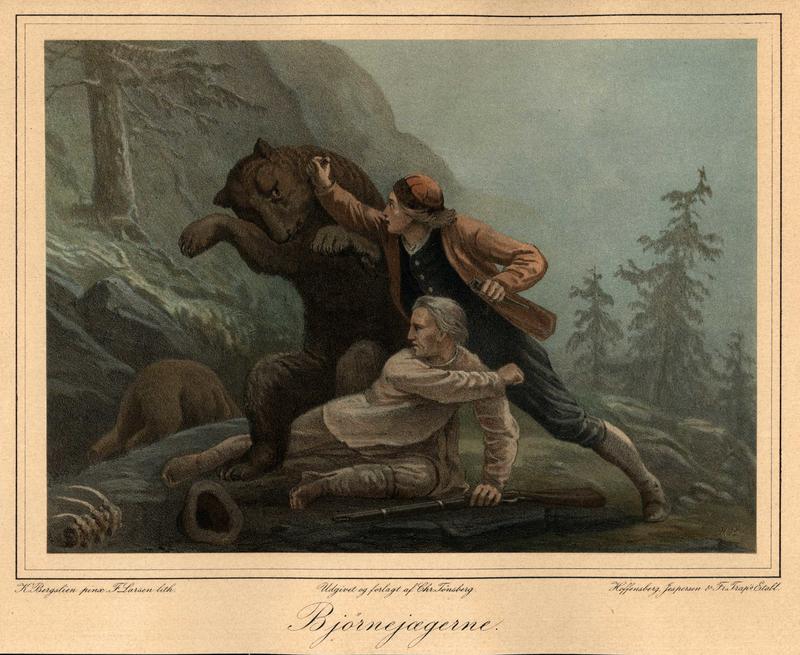 Maleri av to jegere som tar livet av en bjørn.