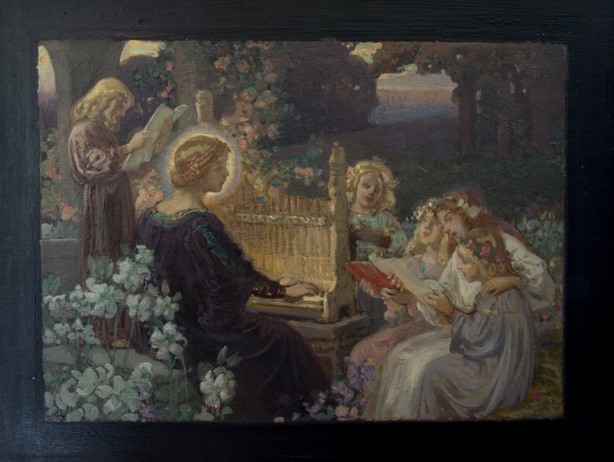 Den heliga Cecilia spelar på orgelpositiv omgiven av barn.