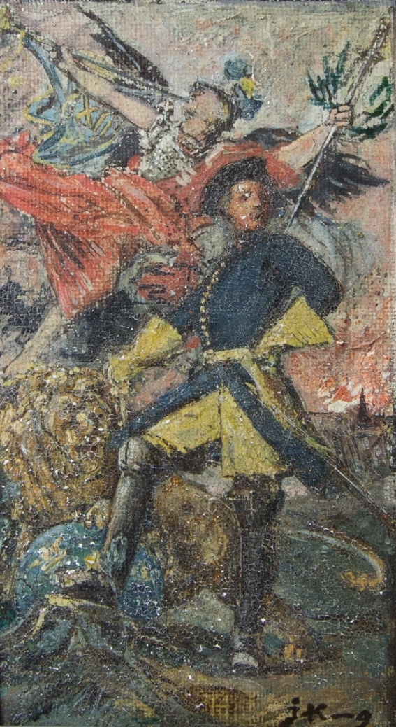 Karl XII stående i helfigur med ena handen i sidan. Den andra pekar på ett lejon. Ovanför svävar Fama, eller motsvarande allegorisk figur. Skissartat utförande.