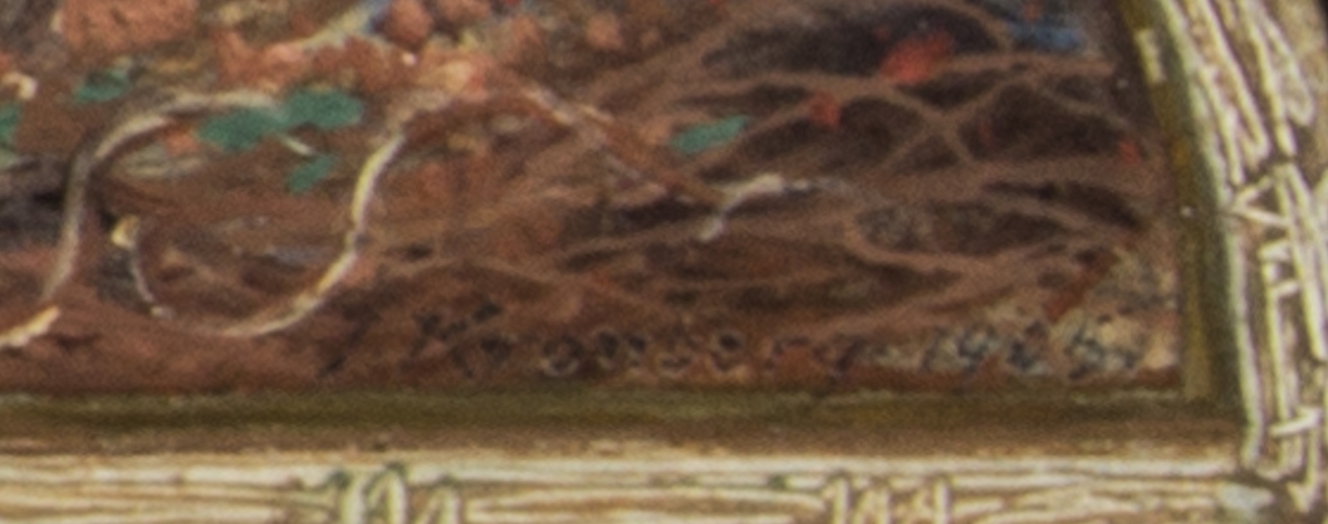 Eros avbildad i mitten och framför honom brinner en eld på marken. Han är omgiven av Ödesgudinnorna som spinner livets tråd. Till höger klipper en mörk figur av tråden med en ullsax. Allra längst till höger två flygande korpar. Kompositionen omgiven av ett flyktigt skisserat ramverk i grönbrunt.